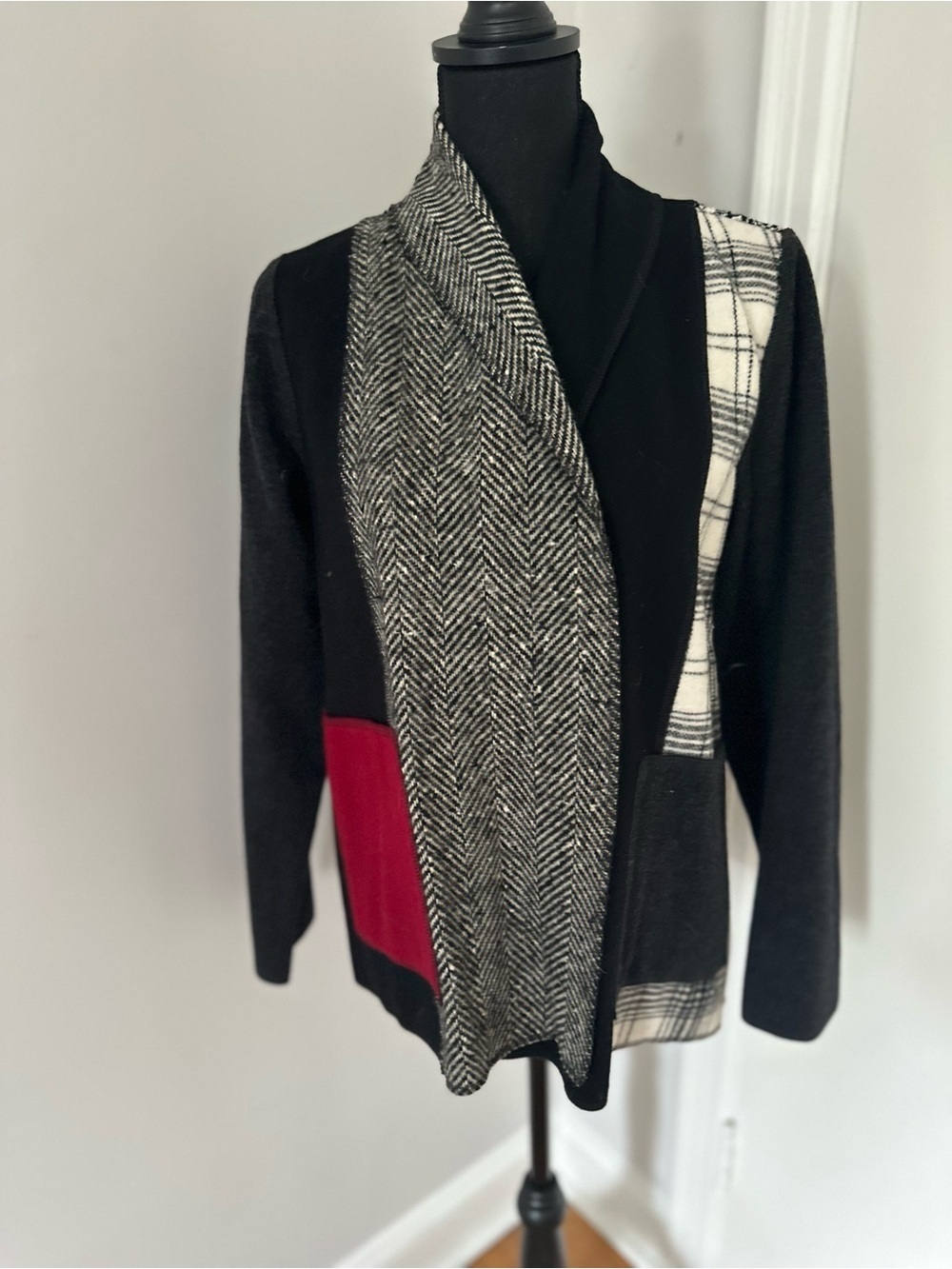 Caméléon Wool Blend Patchwork Open Front Cardigan Sweater Herringbone Cozy Chic.